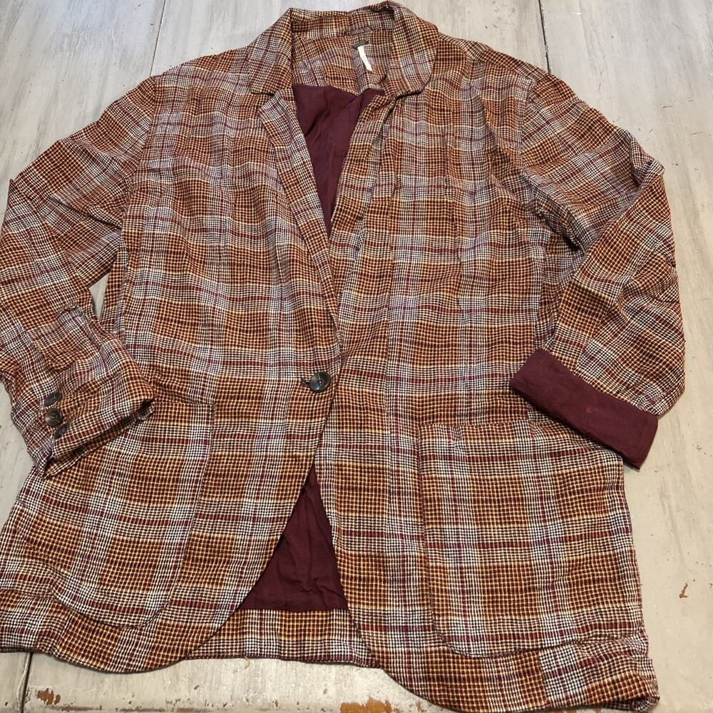 Free People Simply Plaid Blazer Maroon Womens Sz XS Dark Academia